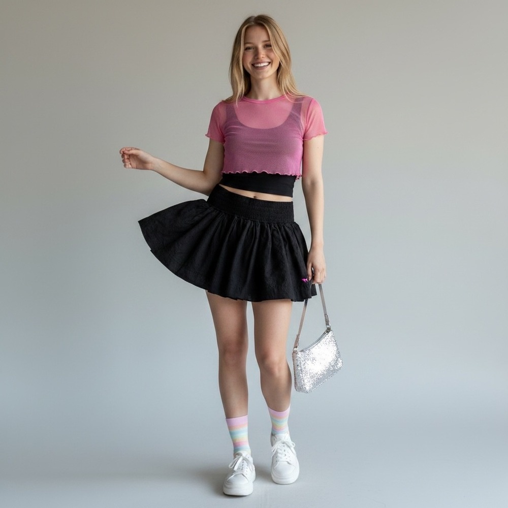 Victoria's Secret PINK Black Eyelet 100% Cotton Smocked Mini Lined Skirt XS Dog